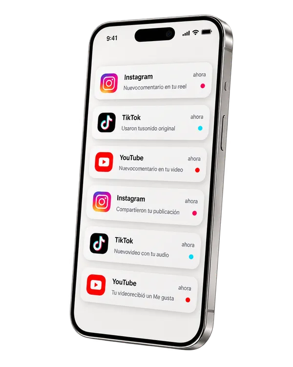 Celular con notificaciones de Instagram, TikTok y YouTube